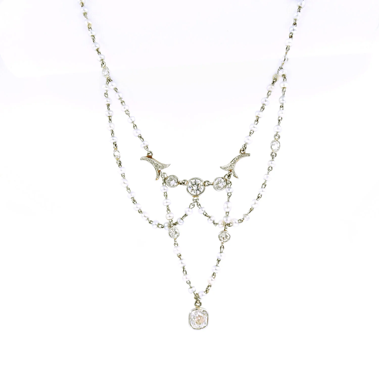 Edwardian Diamond Pearl Necklace Platinum Gold