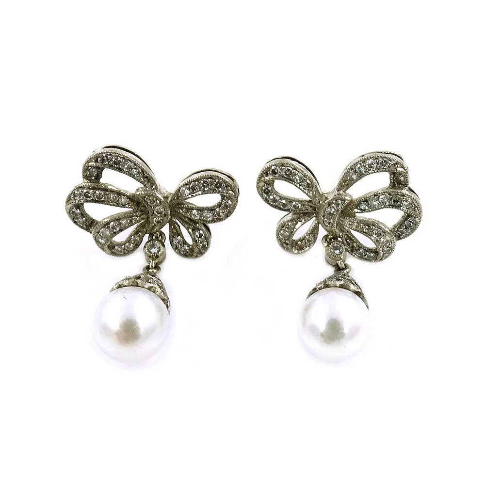 Bow Pearl Diamond Dangle Earrings White Gold