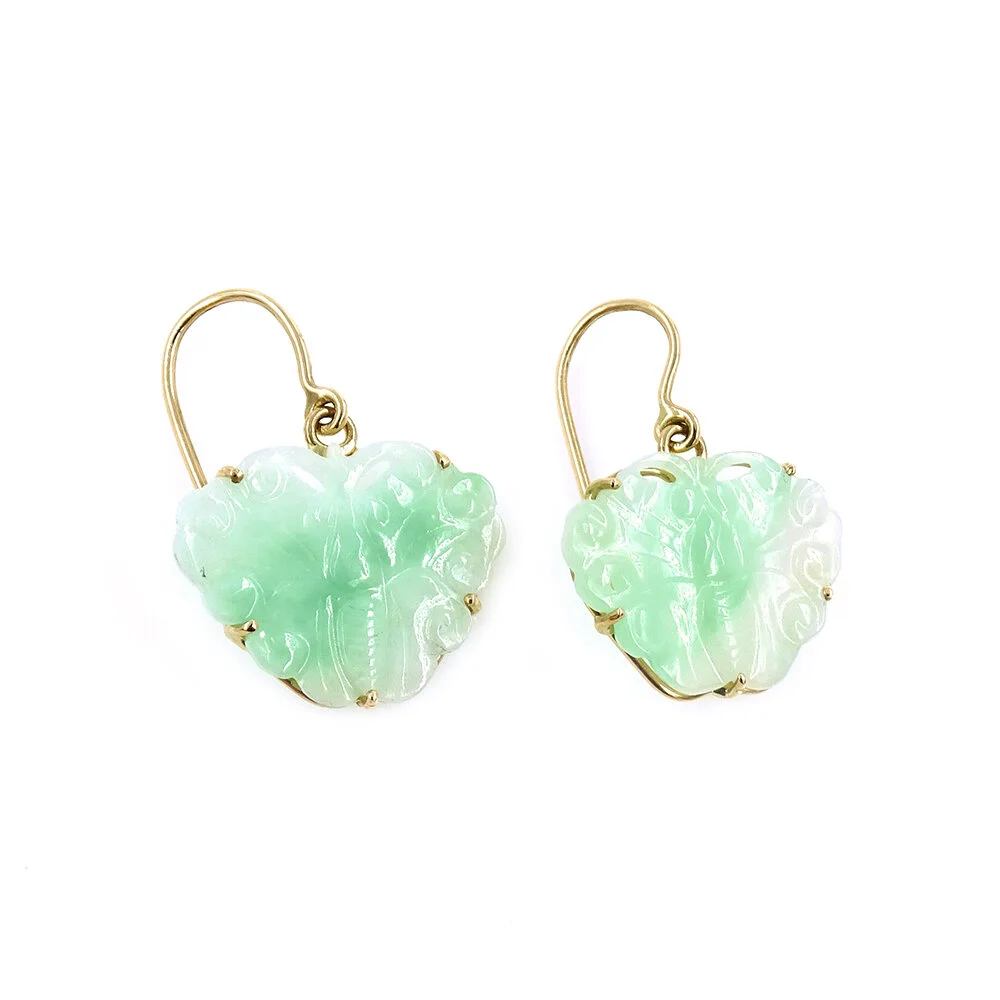 Carved Jade Butterfly Gold Earrings