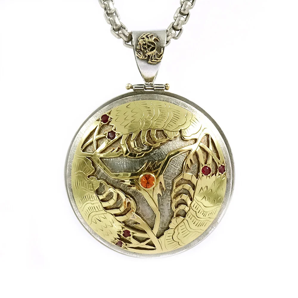 James Cleland Spinning Shrimp Pendant Sterling Silver Gold