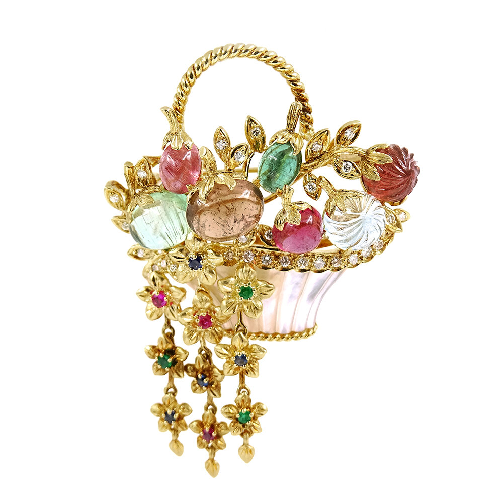 Multi-Gemstone Fruit Basket Brooch/Pendant Gold