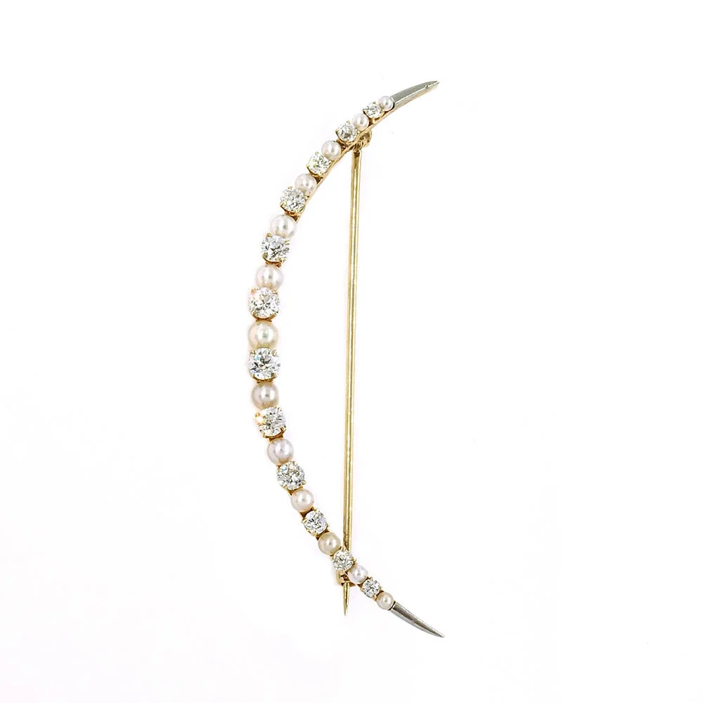 Diamond Pearl Crescent Moon Brooch Gold
