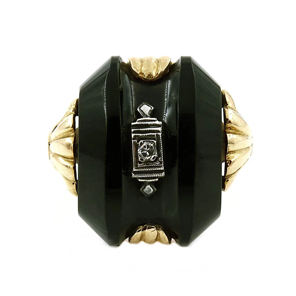 Black Onyx Diamond Ring Yellow and White Gold