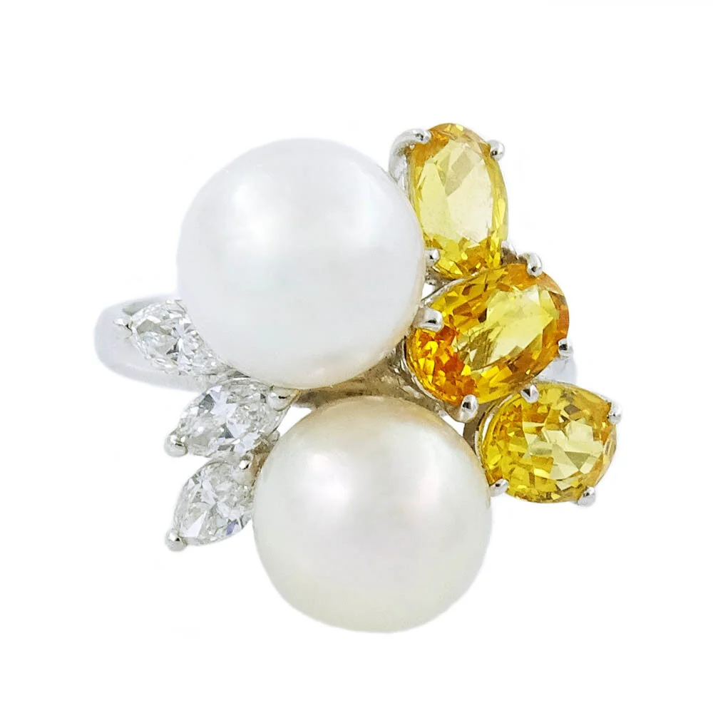 Pearl Diamond Yellow Sapphire Ring Platinum