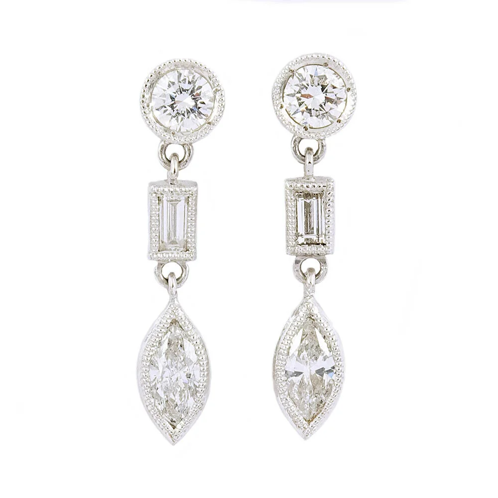 Round Baguette Marquise Diamond Earrings White Gold