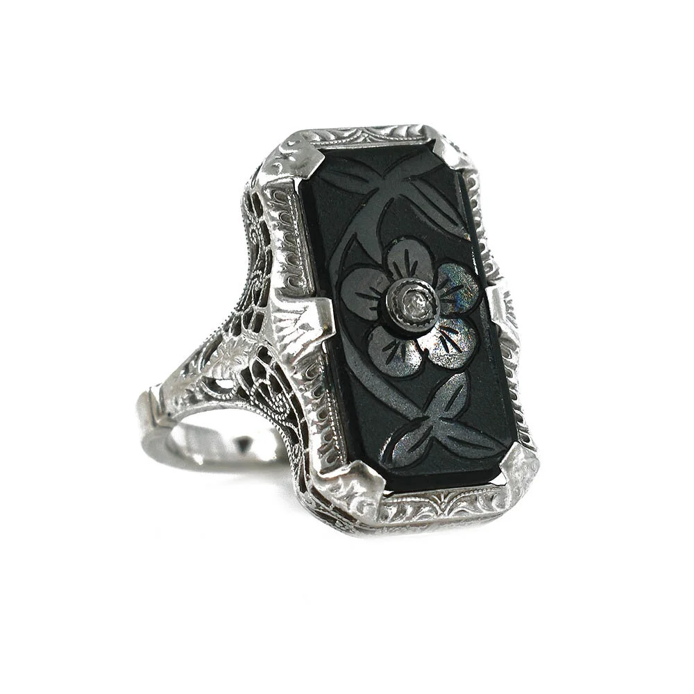 Flower Onyx Diamond Filigree Ring Gold