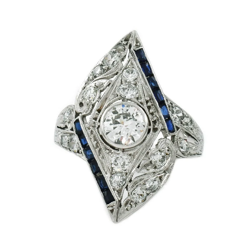 Antique Diamond Sapphire Ring Platinum 0.55 Carat