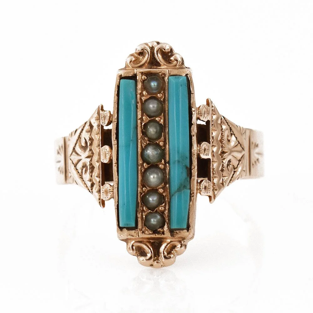 Victorian Turquoise Seed Pearl Ring Rose Gold