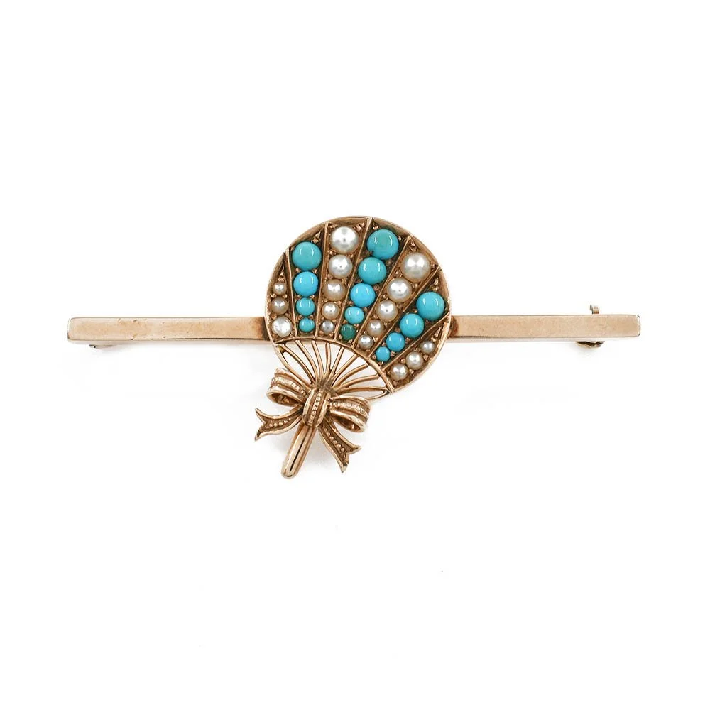 Victorian Seed Pearl Turquoise Brooch Pin Rose Gold