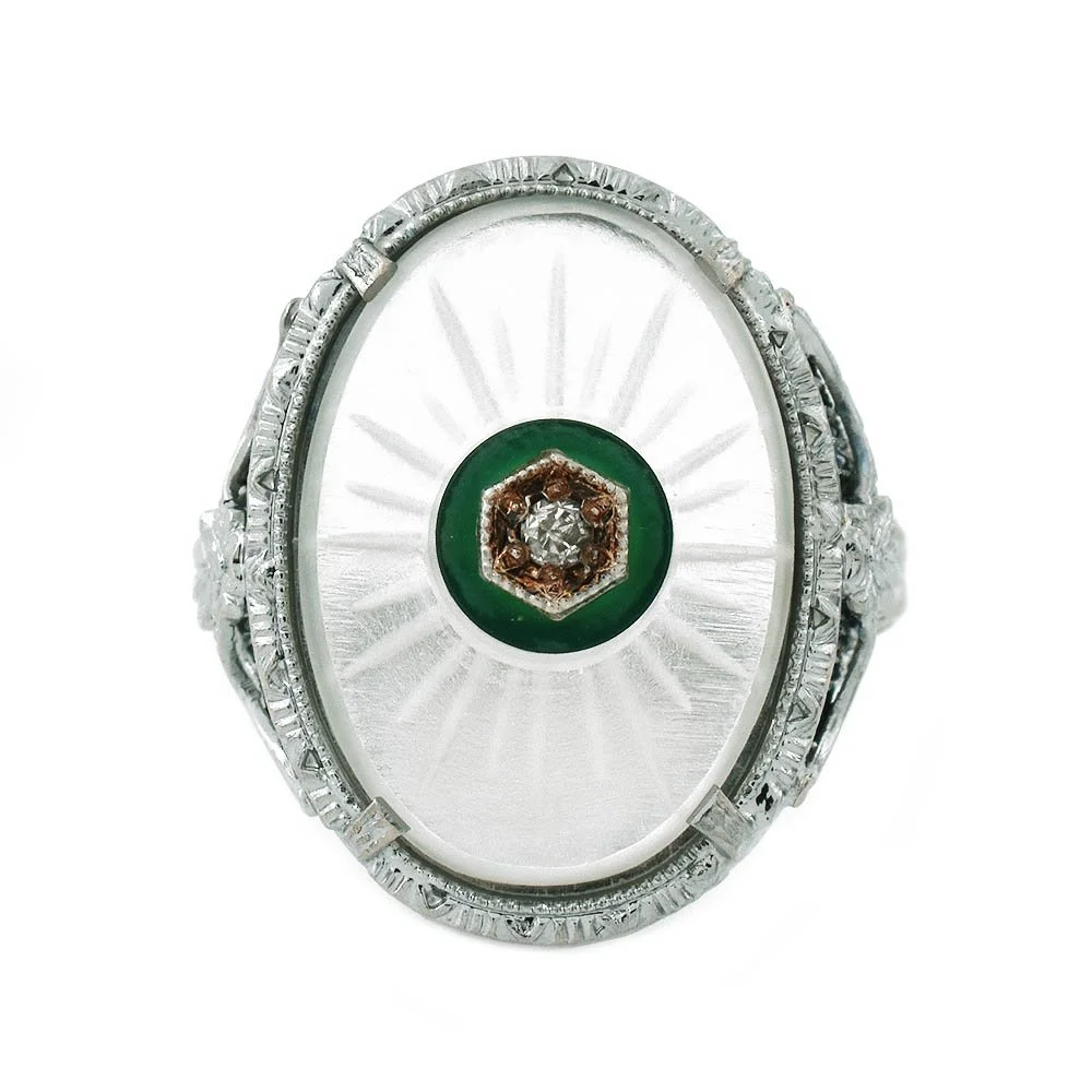 Camphor Glass Filigree Diamond Ring Gold Art Deco