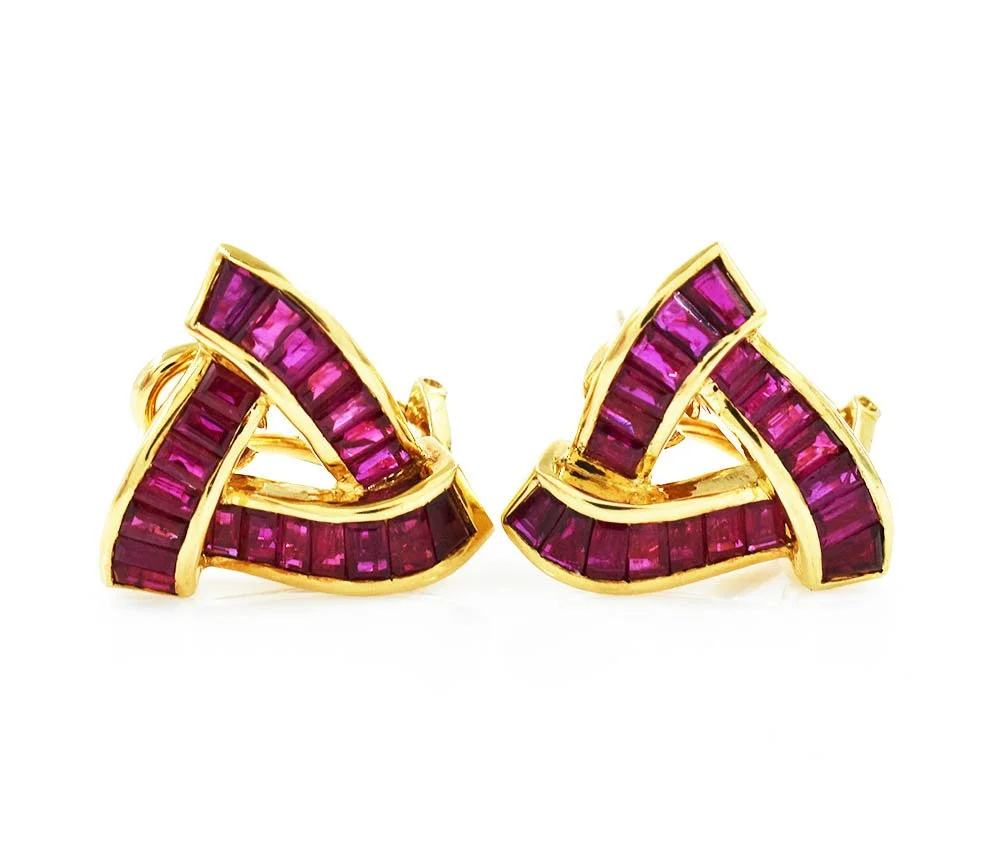 Triangular Ruby Earrings Yellow Gold