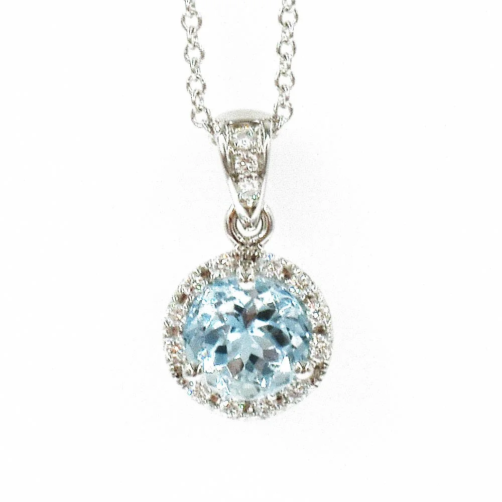 Round Aquamarine Diamond Halo Pendant Gold