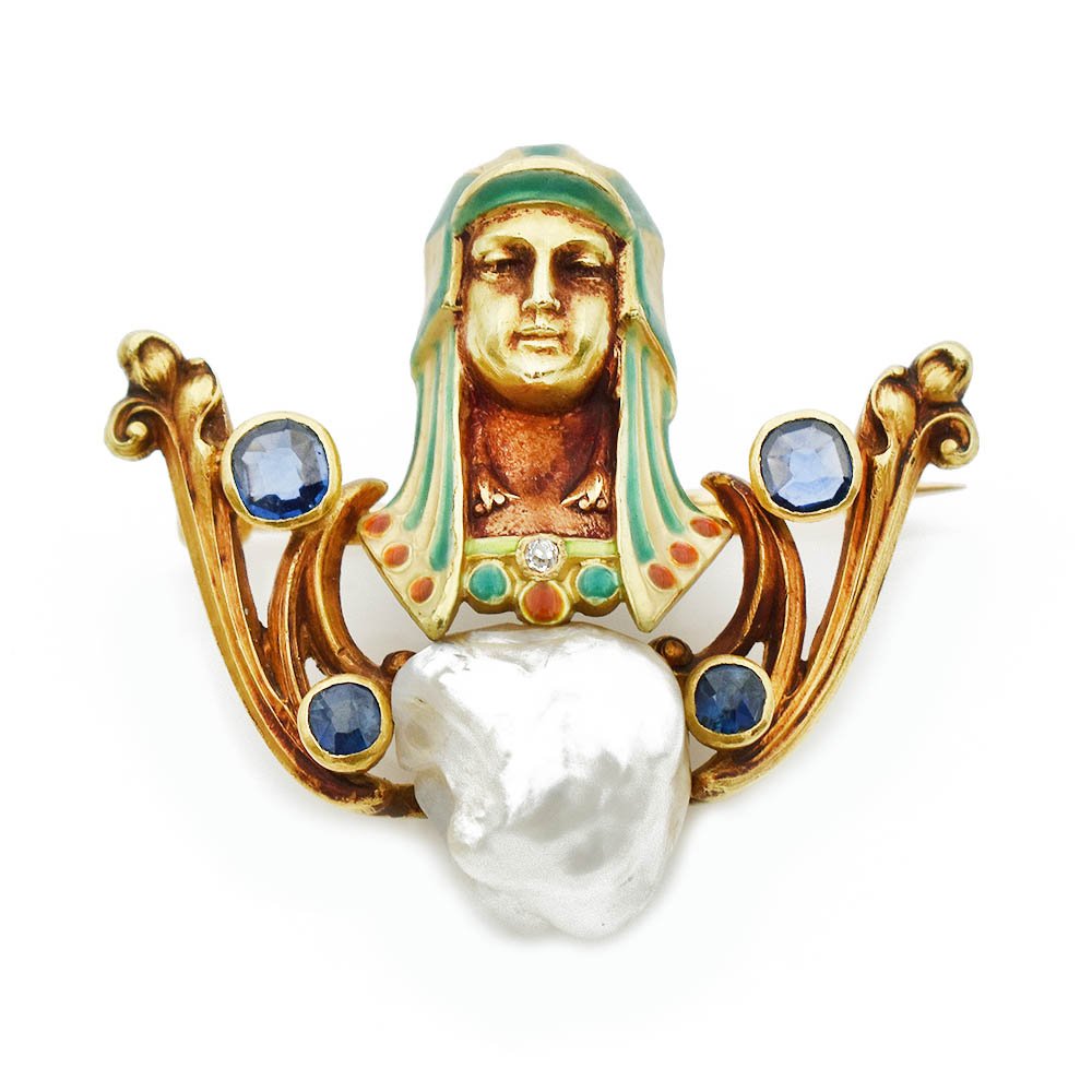 Antique Egyptian Revival Pearl Sapphire Brooch Pin Gold