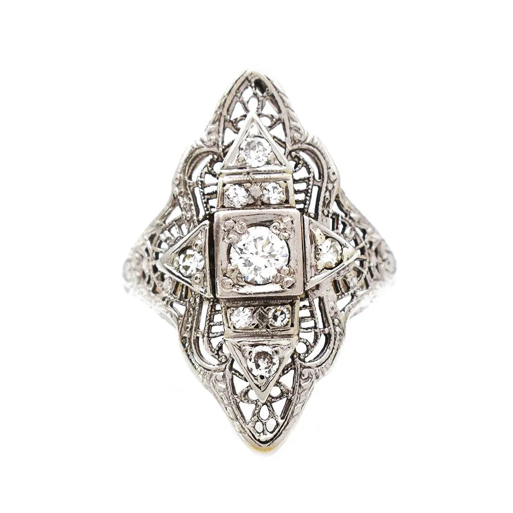 Vintage Navette Filigree Diamond Ring 14k White Gold