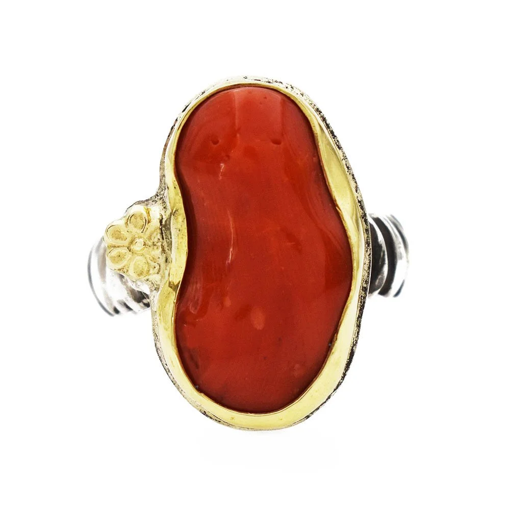 James Cleland Handmade Coral Ring Sterling Silver 18k Yellow Gold