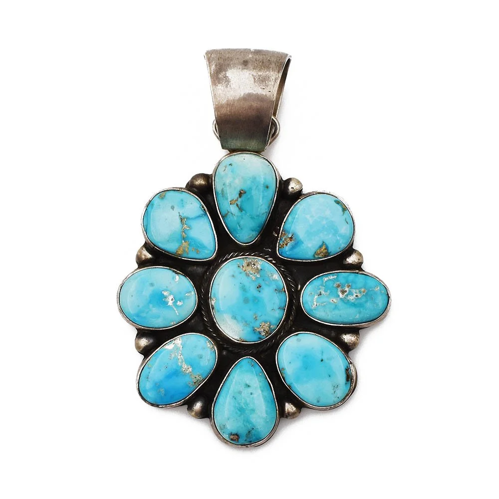 Largo Navajo Turquoise Flower Pendant Sterling Silver Antique