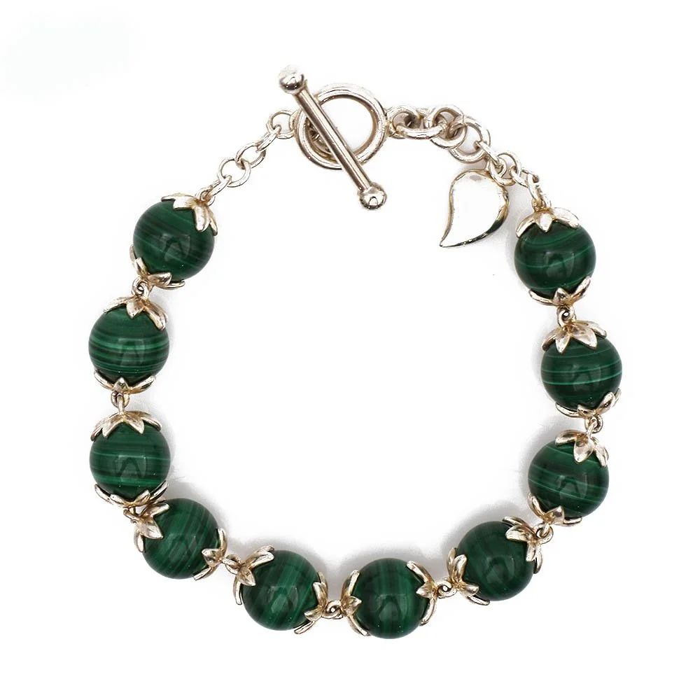 Malachite Round Bead Bracelet Sterling Silver