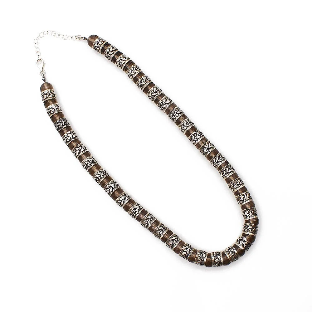 Faceted Smoky Quartz Bead Necklace Silver Foliage Separators