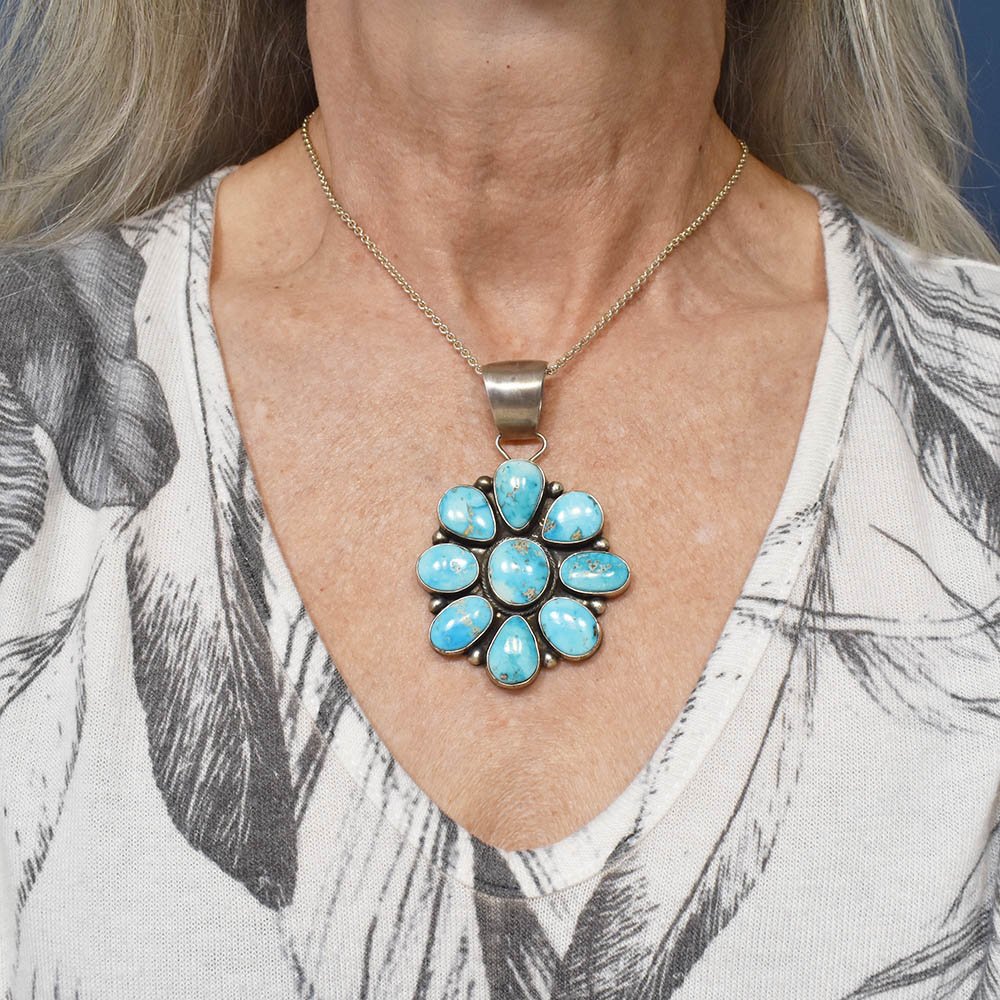 Largo Navajo Turquoise Flower Pendant Sterling Silver Antique Estate Jewelry Designs in Gold