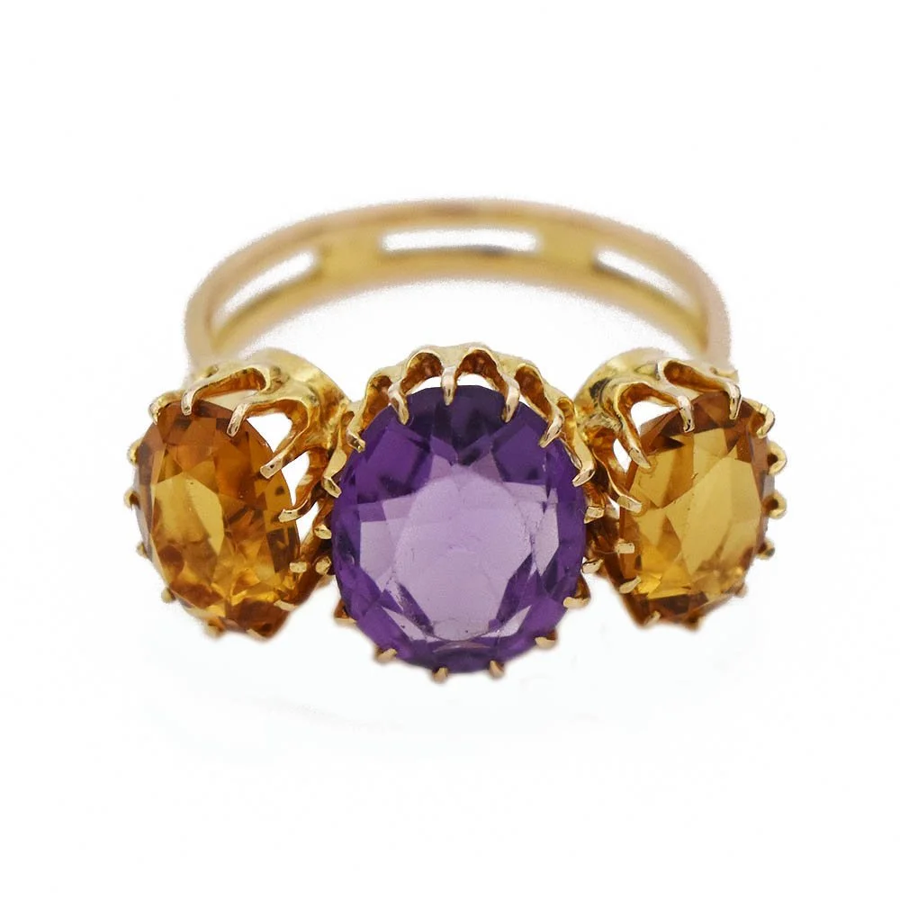 Antique Amethyst Citrine Ring Three Stone Yellow Gold