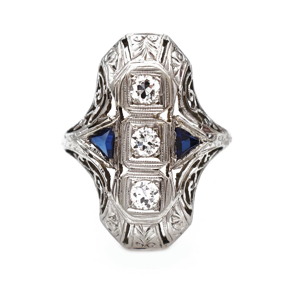 Belais Diamond Sapphire Filigree Ring 18k White Gold
