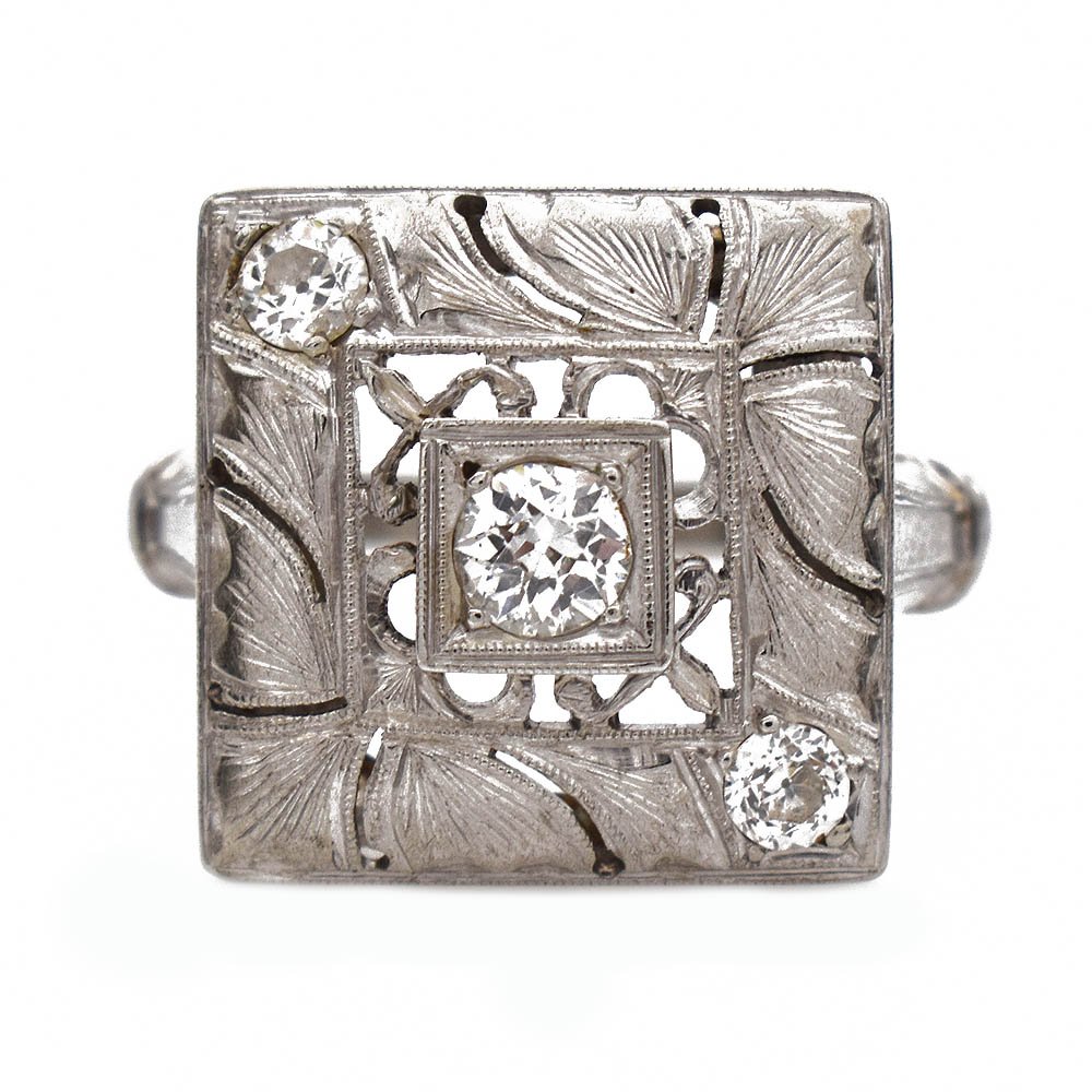 Square Top Diamond Filigree Ring 14k White Gold