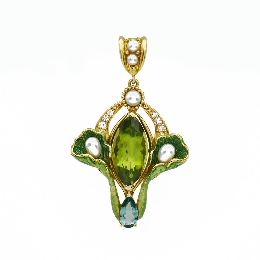 Peridot Blue Zircon Pearl Pendant Enamel Gold