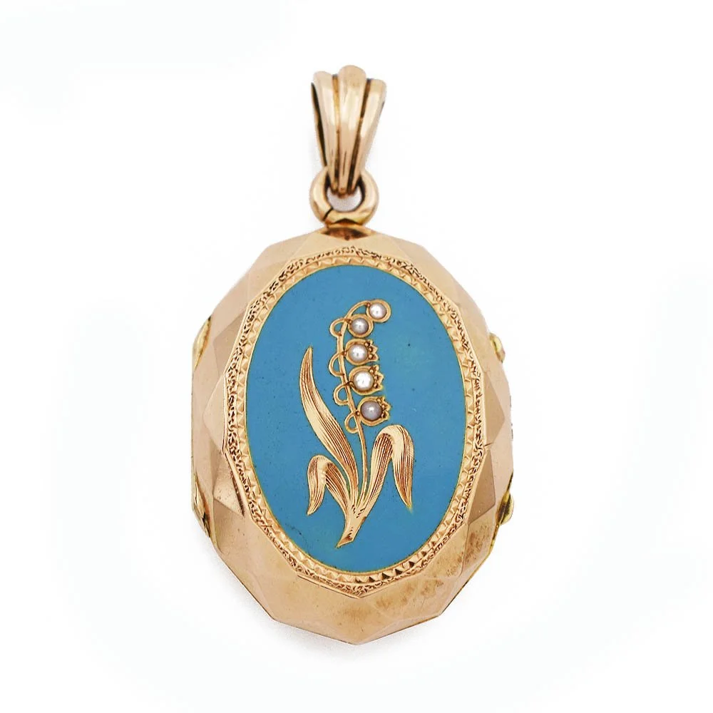Blue Enamel Seed Pearl Locket Pendant Rose Gold