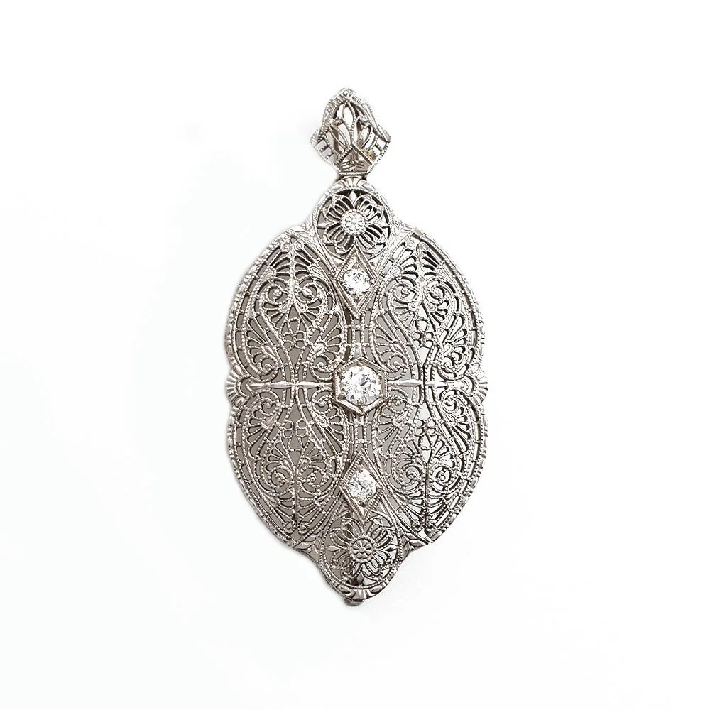 Filigree Diamond Pendant Brooch Pin White Gold