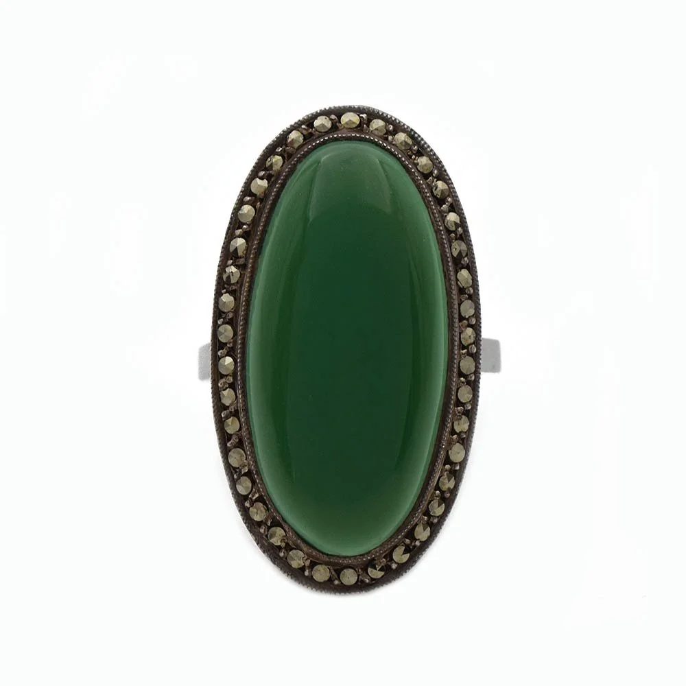 Antique Oval Glass Marcasite Ring Sterling Silver Antique Estate