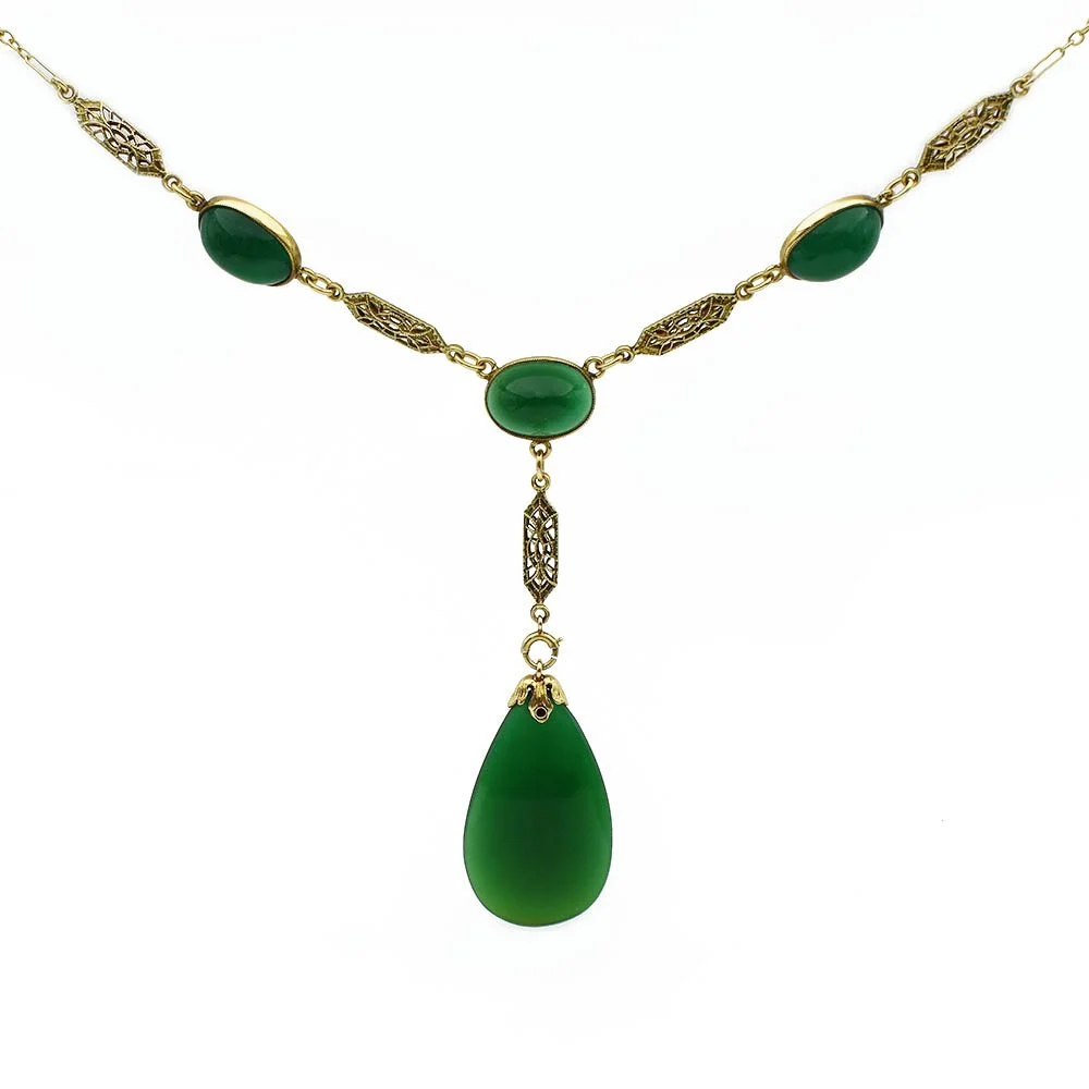 Antique Chrysoprase Fringe Drop Necklace Gold