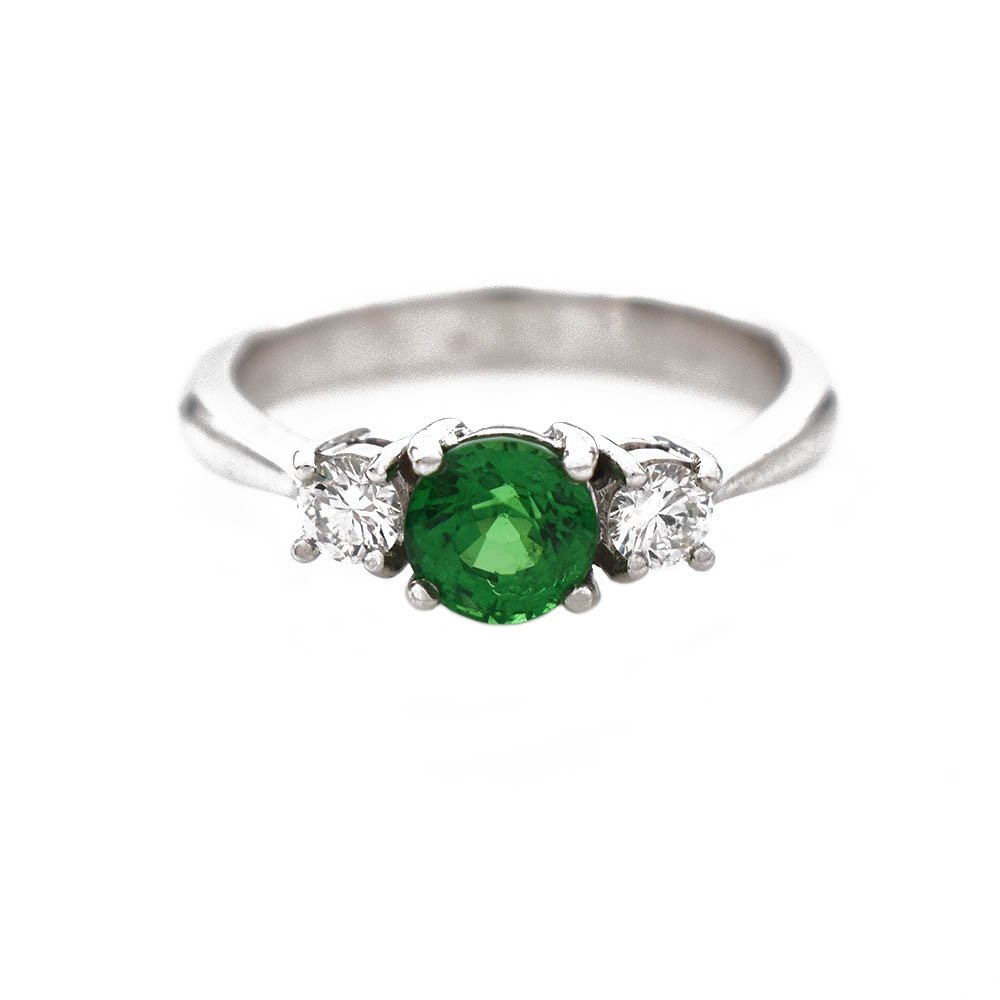 Round Tsavorite Garnet Diamond Ring White Gold