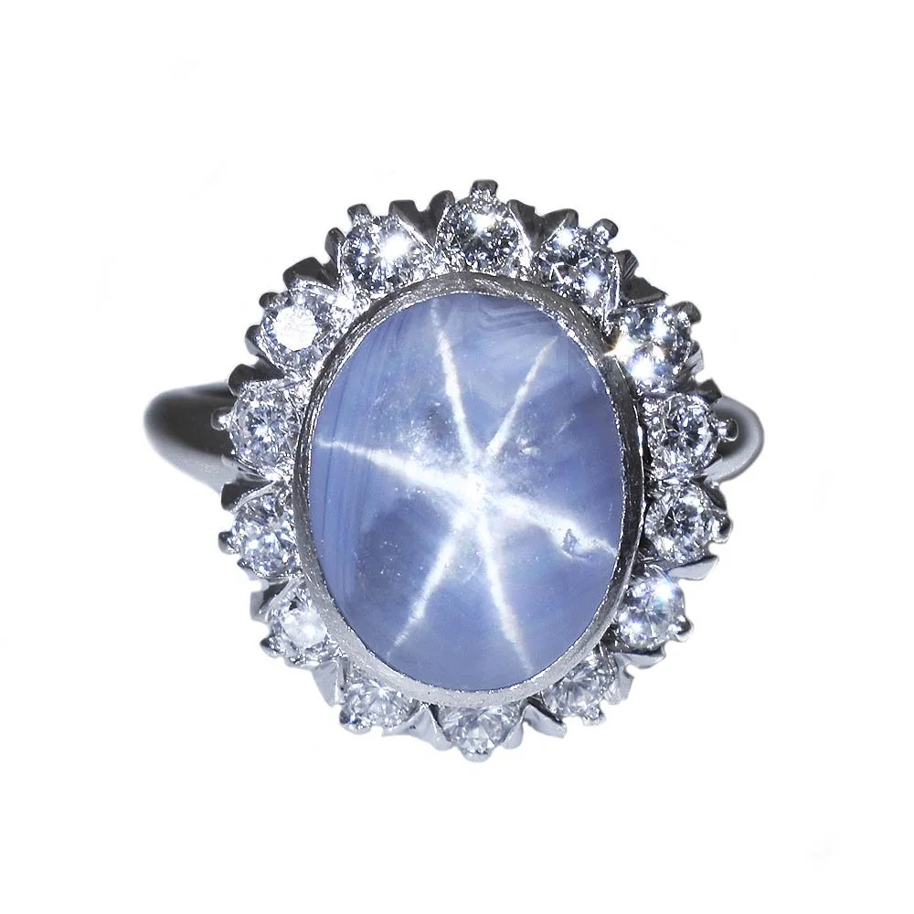 Star Sapphire Diamond Halo Ring White Gold Antique Estate