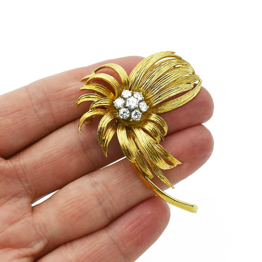 Vintage French Tremblant Diamond Pin Gold Antique Estate - Main Image