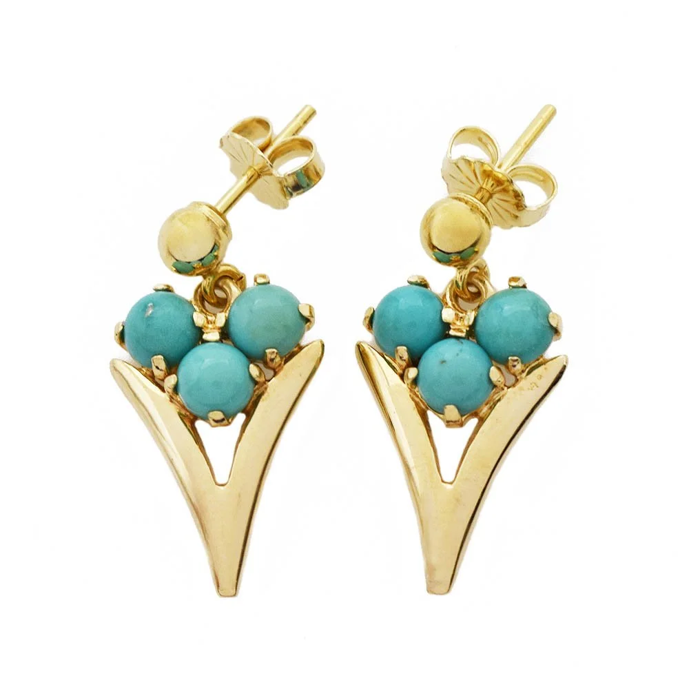 Turquoise Cabochon Gold V Dangle Earrings