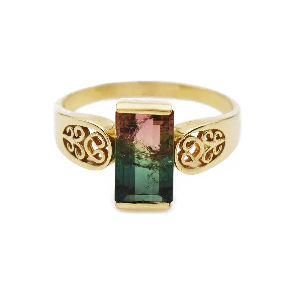 Emerald Cut Watermelon Tourmaline Ring Gold
