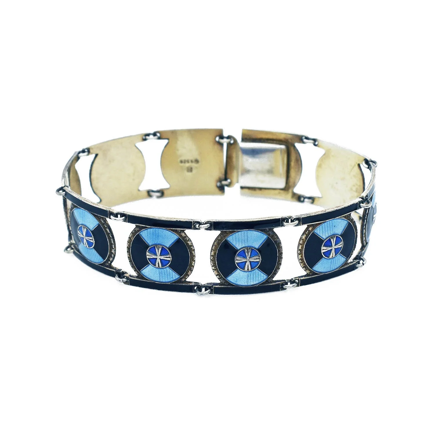 Vintage Blue and Black Enamel Bracelet Silver