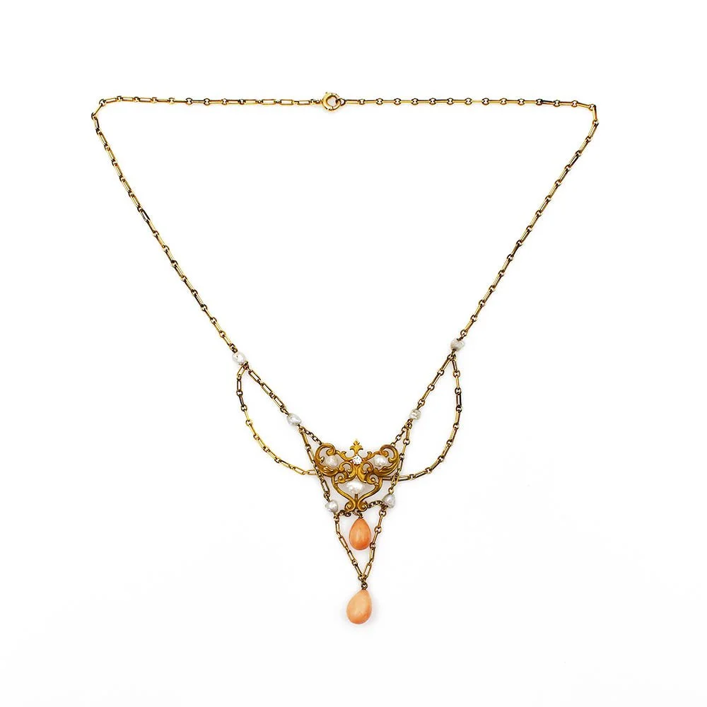 Victorian Festoon Coral Diamond Pearl Necklace