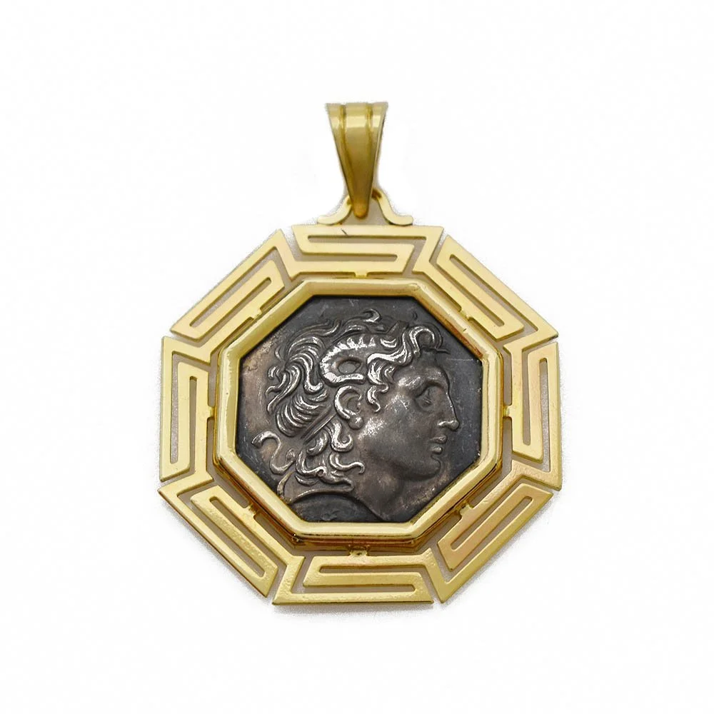 Ancient Coin Greek Key Bezel Pendant
