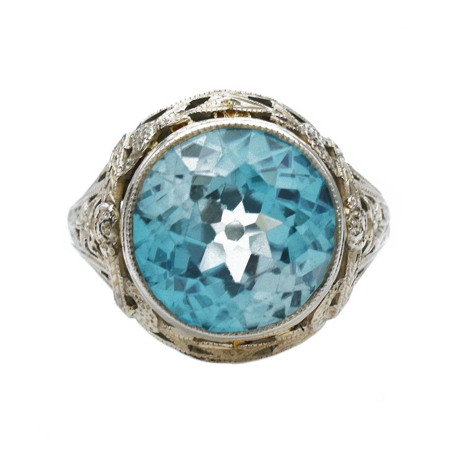 Art Deco Blue Zircon Ring White Gold