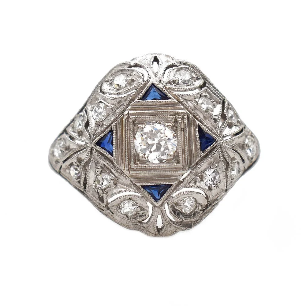 Deco Diamond Synthetic Sapphire Ring Platinum