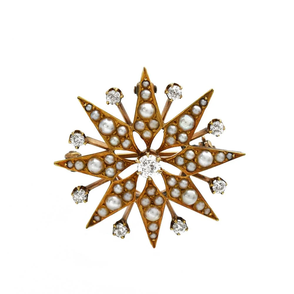 Diamond Pearl Star Brooch Pendant Gold