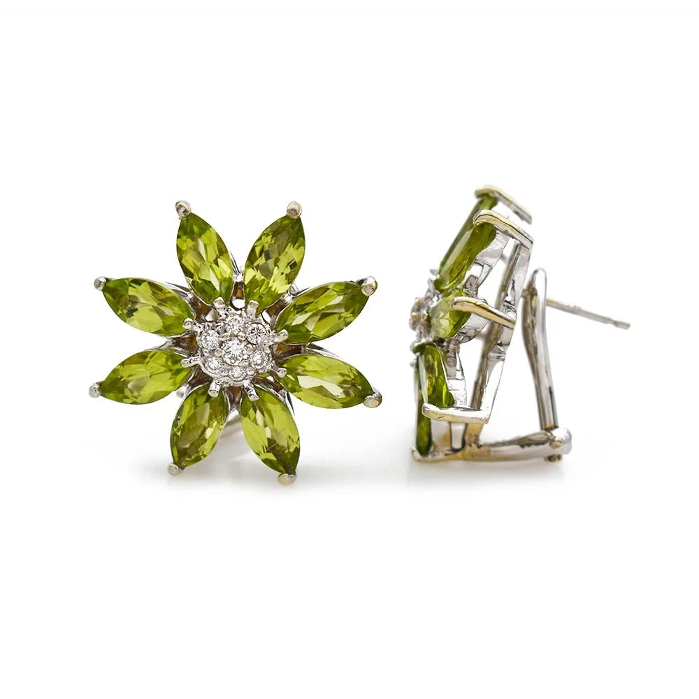 Peridot Diamond Flower Earrings White Gold
