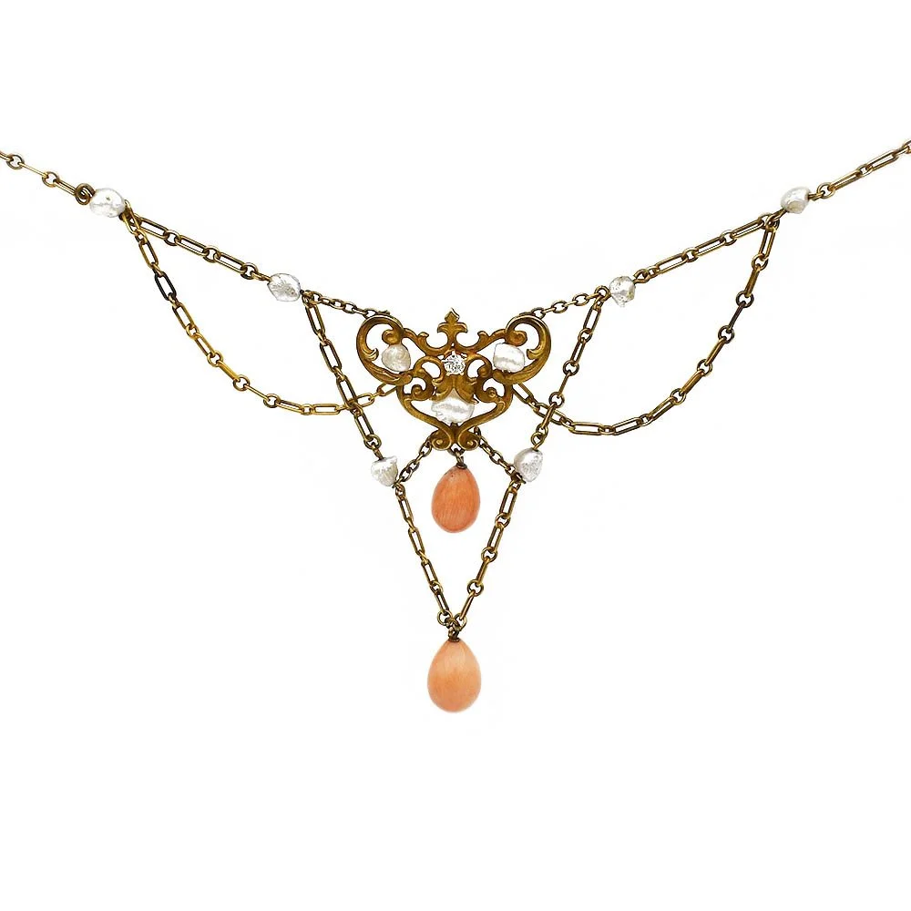 Victorian Festoon Coral Diamond Pearl Necklace
