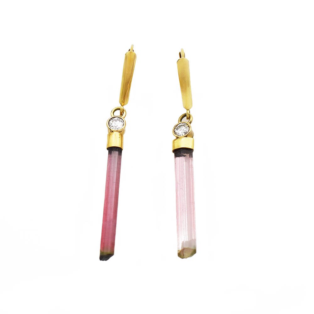 Watermelon Tourmaline Crystal Diamond Earrings Gold