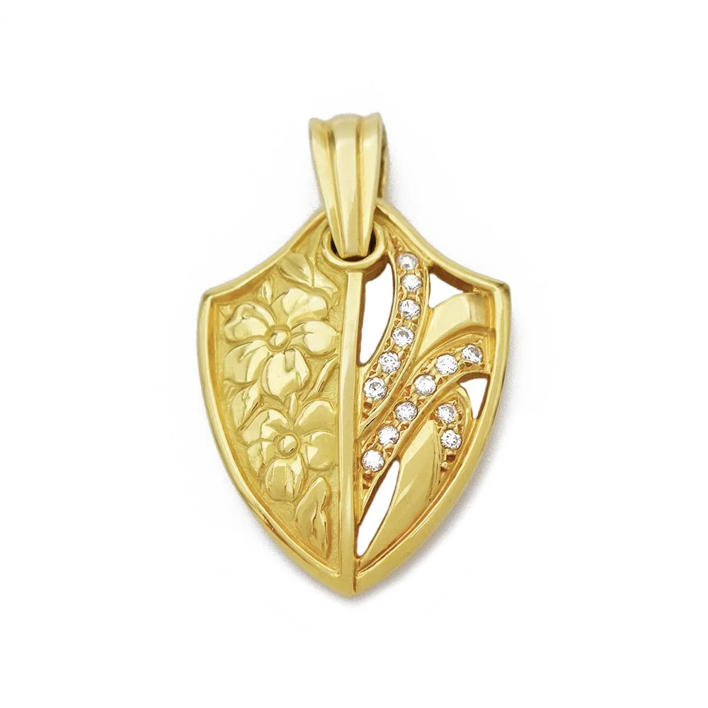 Diamond Flower Shield Pendant Gold
