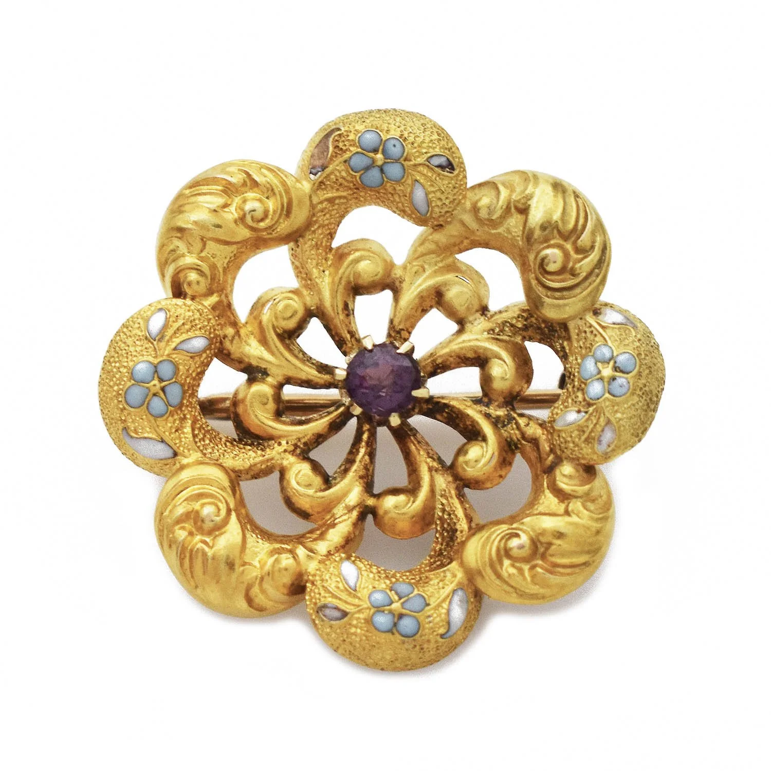 Amethyst Enamel Floral Brooch Pin Gold
