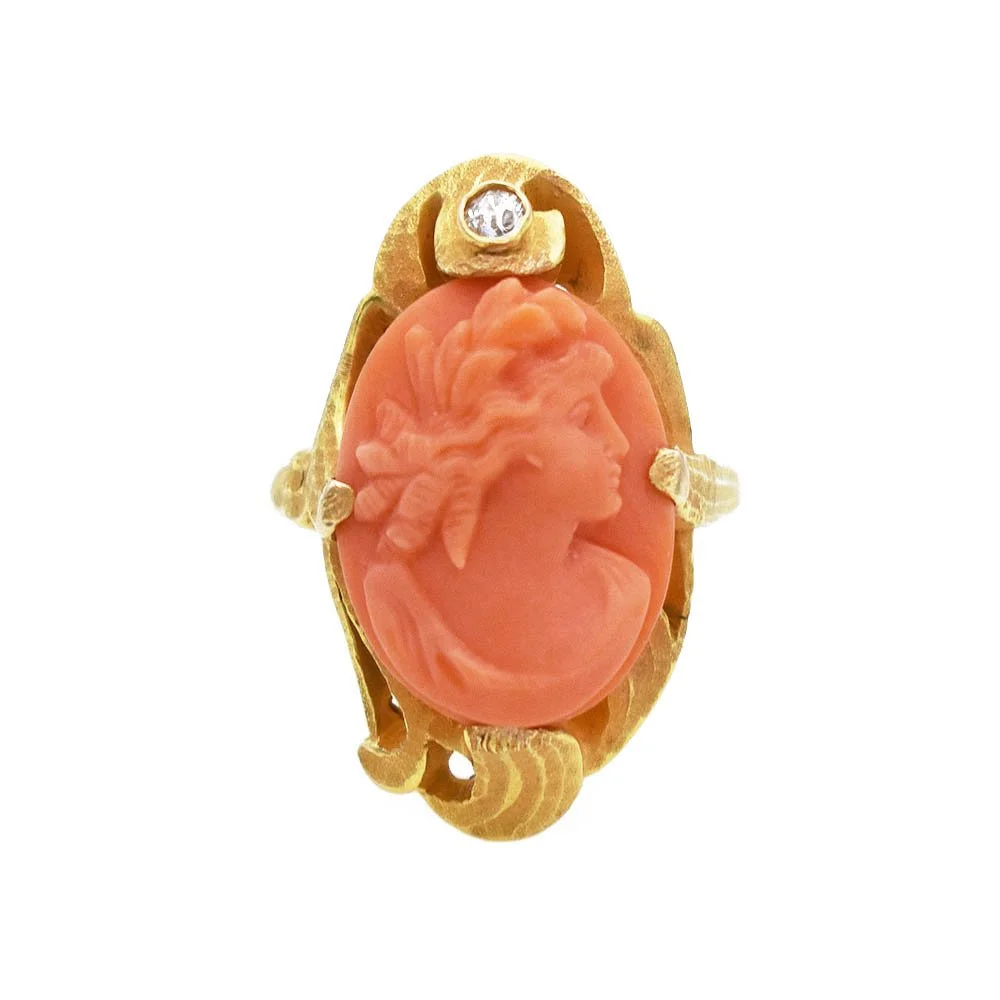 Antique Coral Cameo Diamond Ring Gold