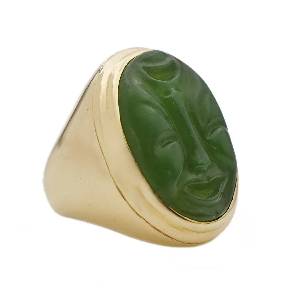 Comedy Tragedy Carved Jade Ring Gold