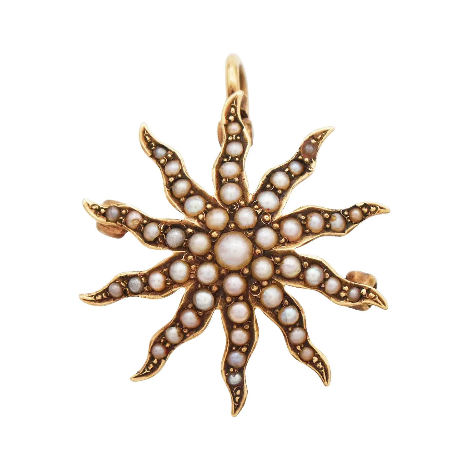 Starburst Seed Pearl Pendant Brooch Gold